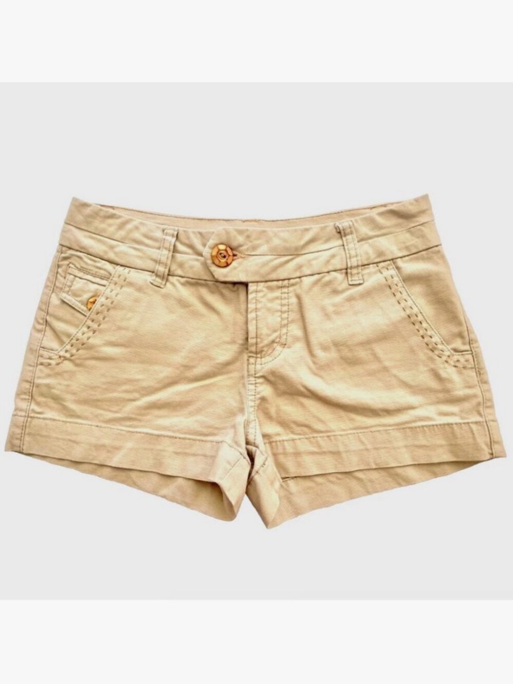 VINTAGE Y2K OCEAN PACIFIC OP KHAKI SHORTS STRETCH WOOD BUTTONS WOMENS SIZE 1 XS